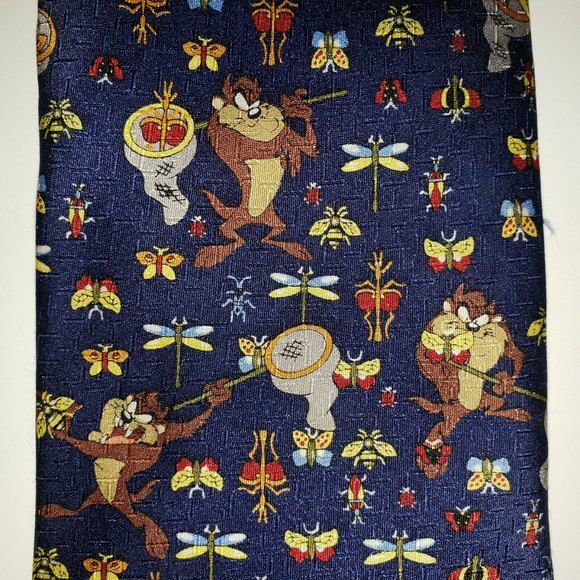 Looney Tunes Taz Tazmanian Devil Butterflies Dragonflies Necktie Tie Navy EUC - Picture 7 of 10